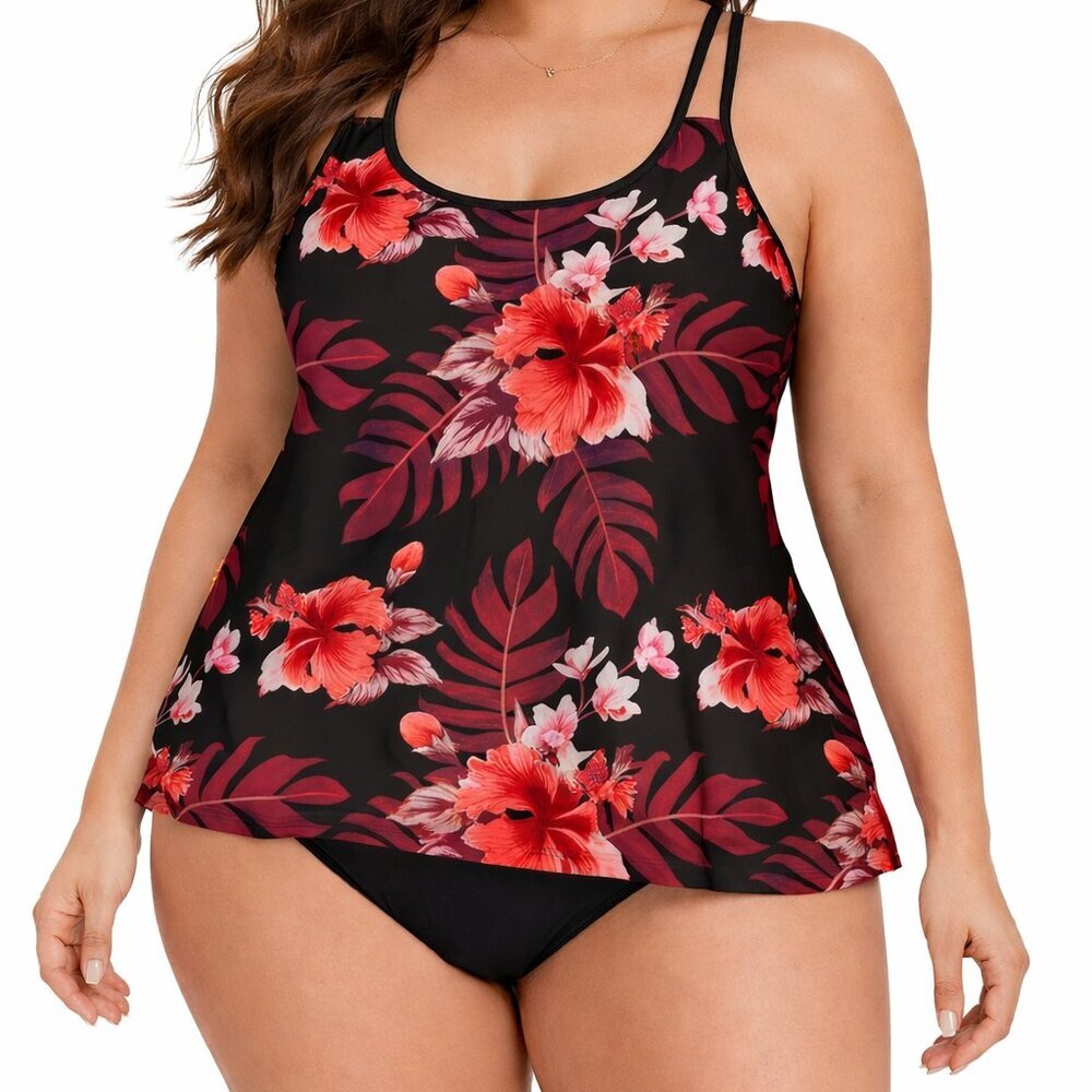 XL Women's 2 Piece Red and Black Floral Tankini Top and Mid Rise Black Bottom
